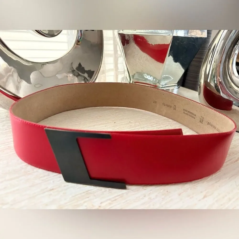 VTG Pierre Cardin Red Leather Metal Buckle Wide Belt Size 75